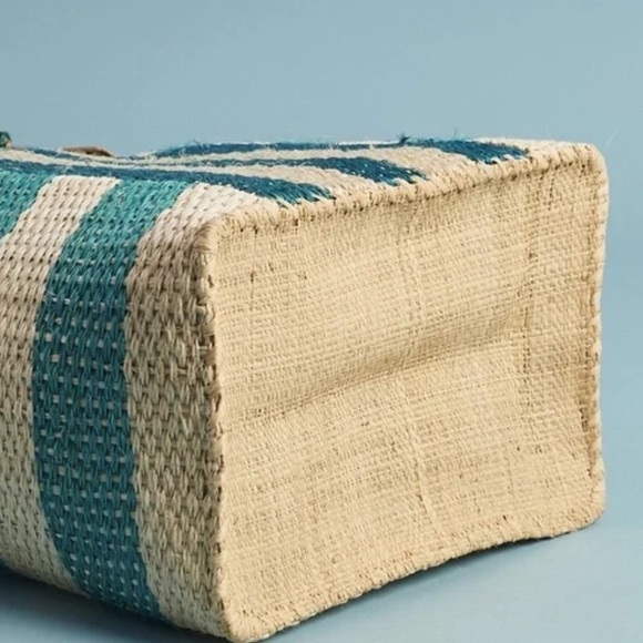 New mar y sol Aqua Tan Striped Woven Sea Grass Leather Handled Tote Beautiful - Picture 9 of 11